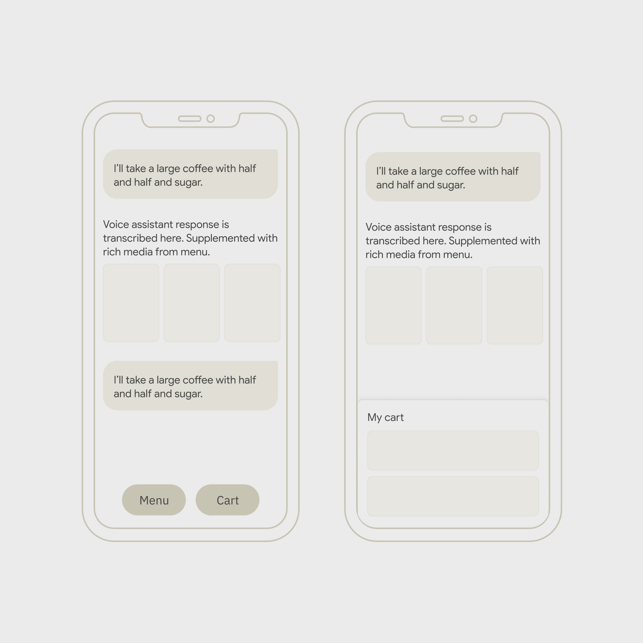 Conversation-led ordering concept on two phone mockups