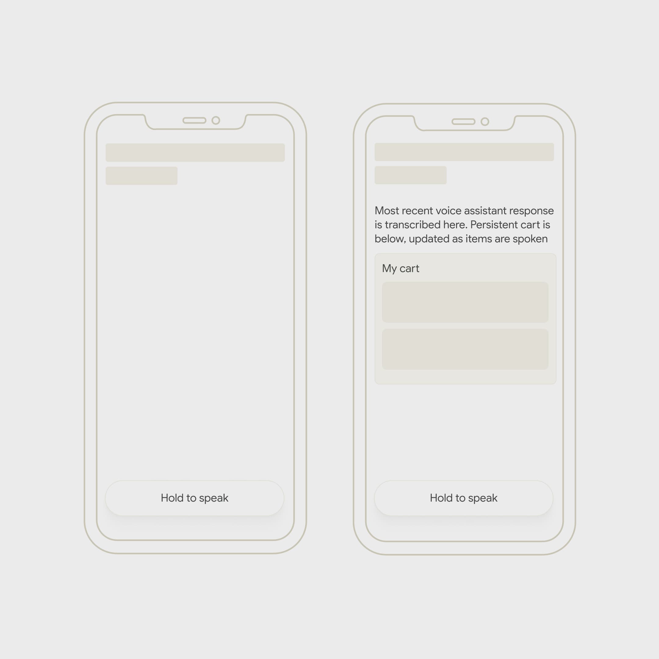 Voice-native minimal UI concept on two phone mockups