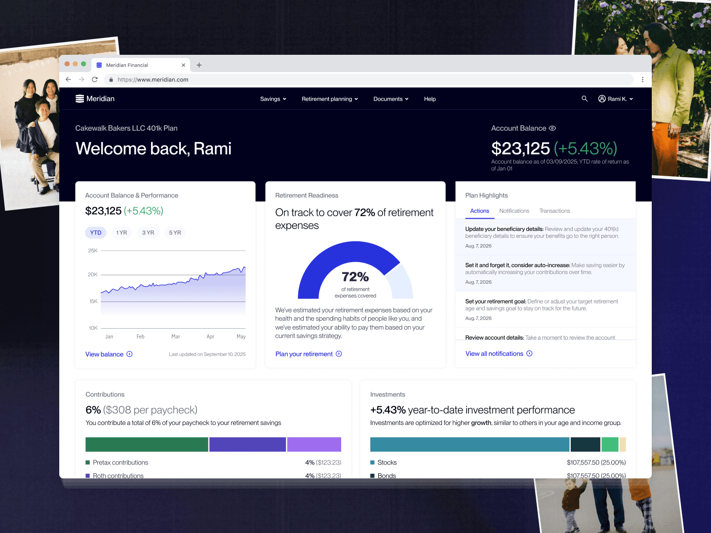 Project Meridian — retirement plan participant UI showing contribution selection