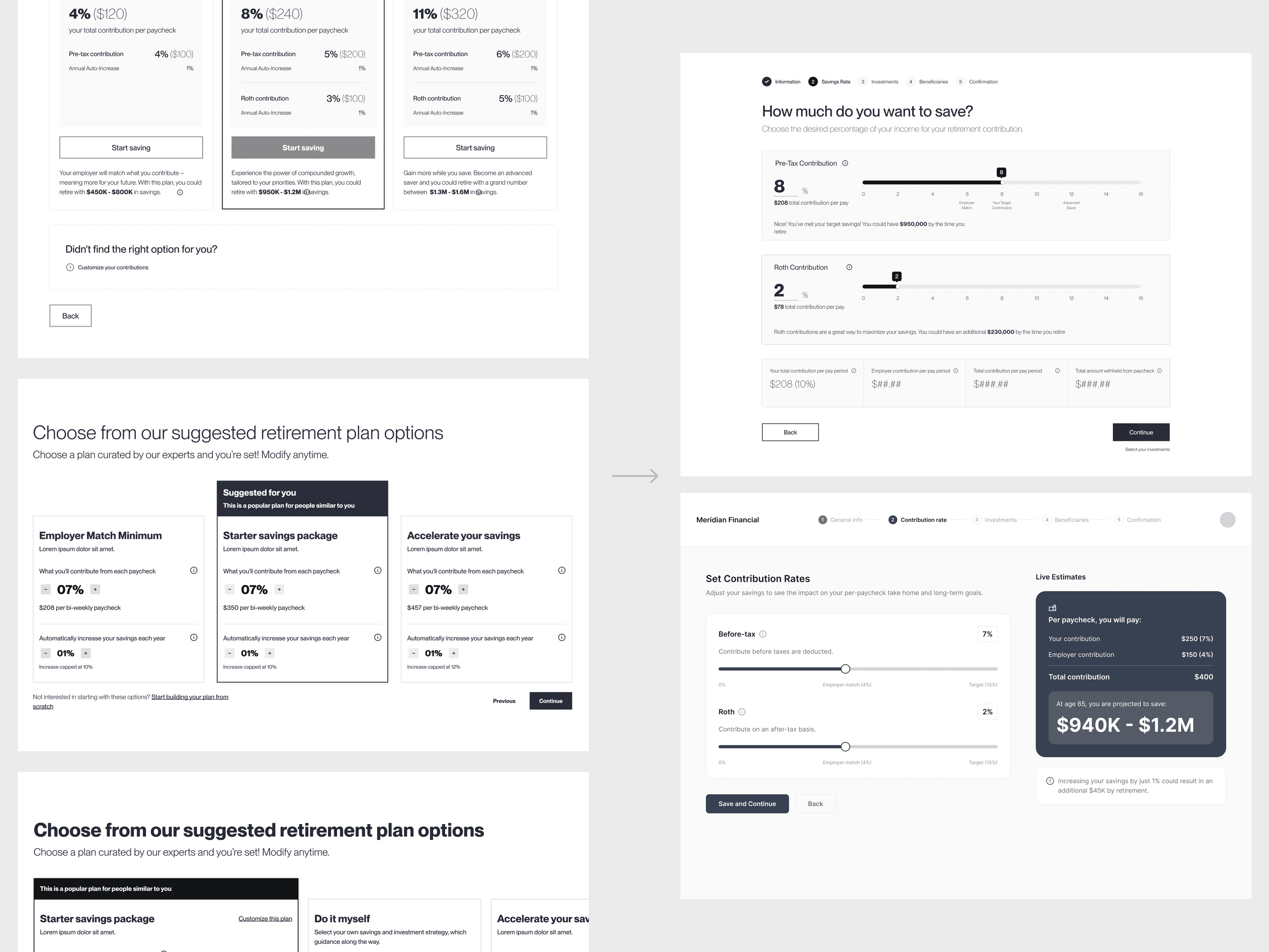 Revised wireframes showing simplified three-option contribution selection with one pre-selected recommendation
