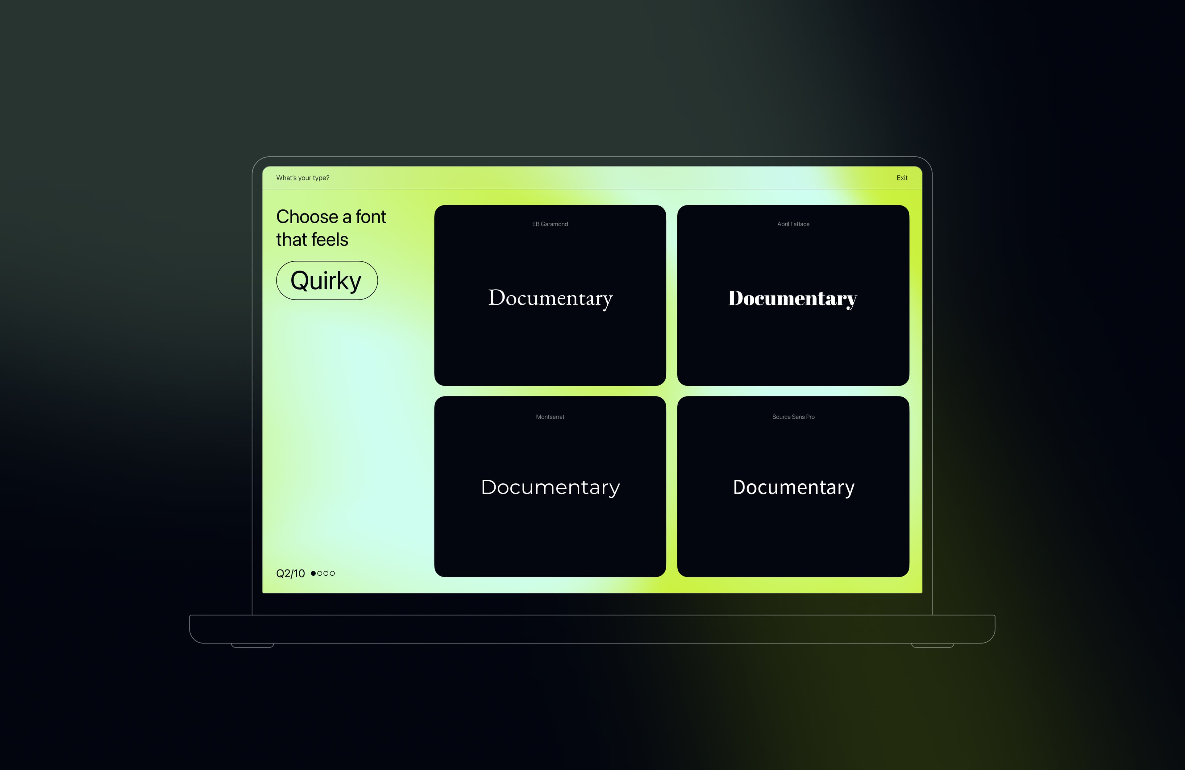 Desktop survey question asking users to pick the font that best matches the adjective quirky