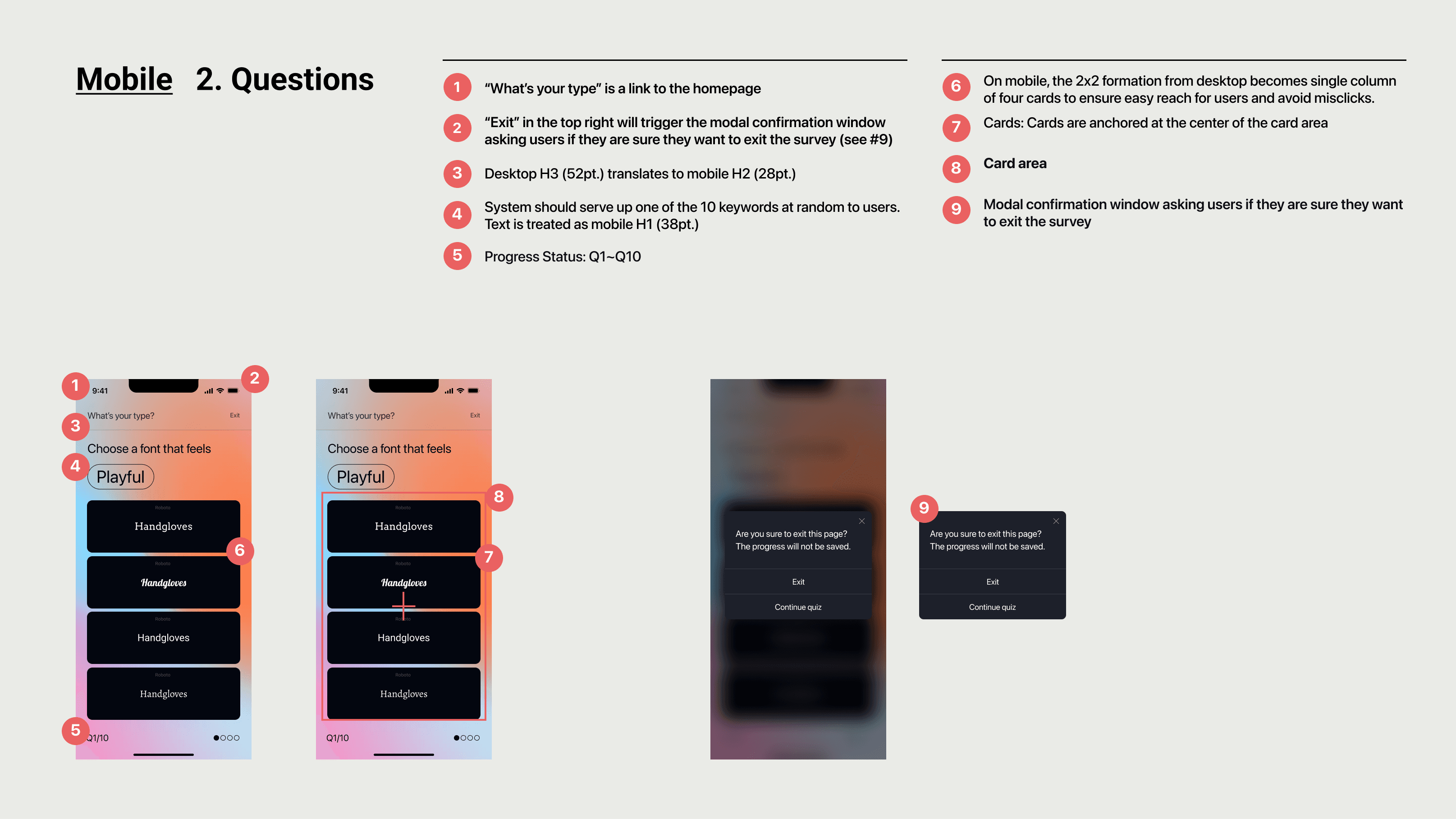 Annotated mobile question screens communicating interaction patterns to the development team