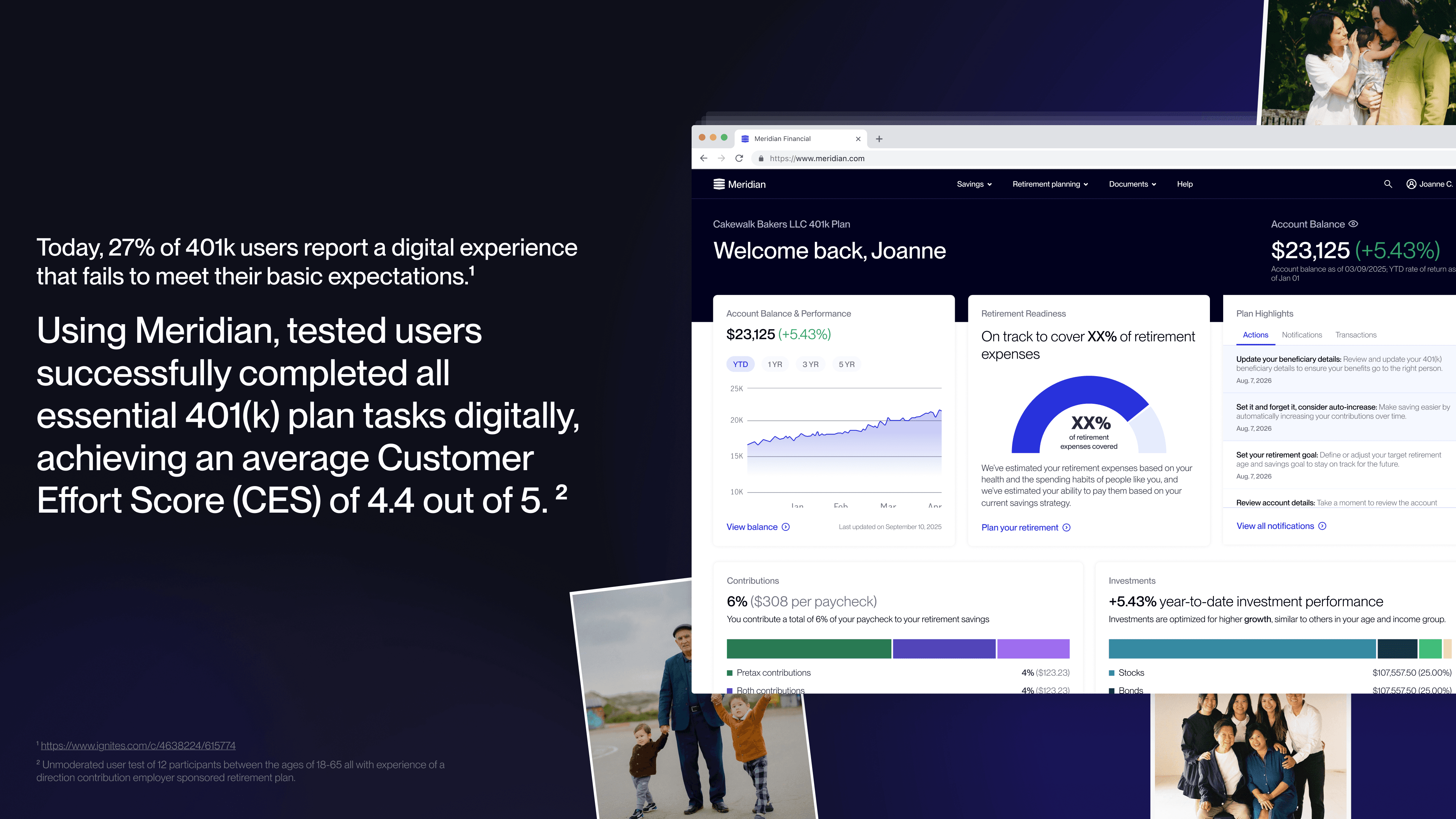 Project Meridian — retirement planning dashboard showing contribution selection and financial summary screens